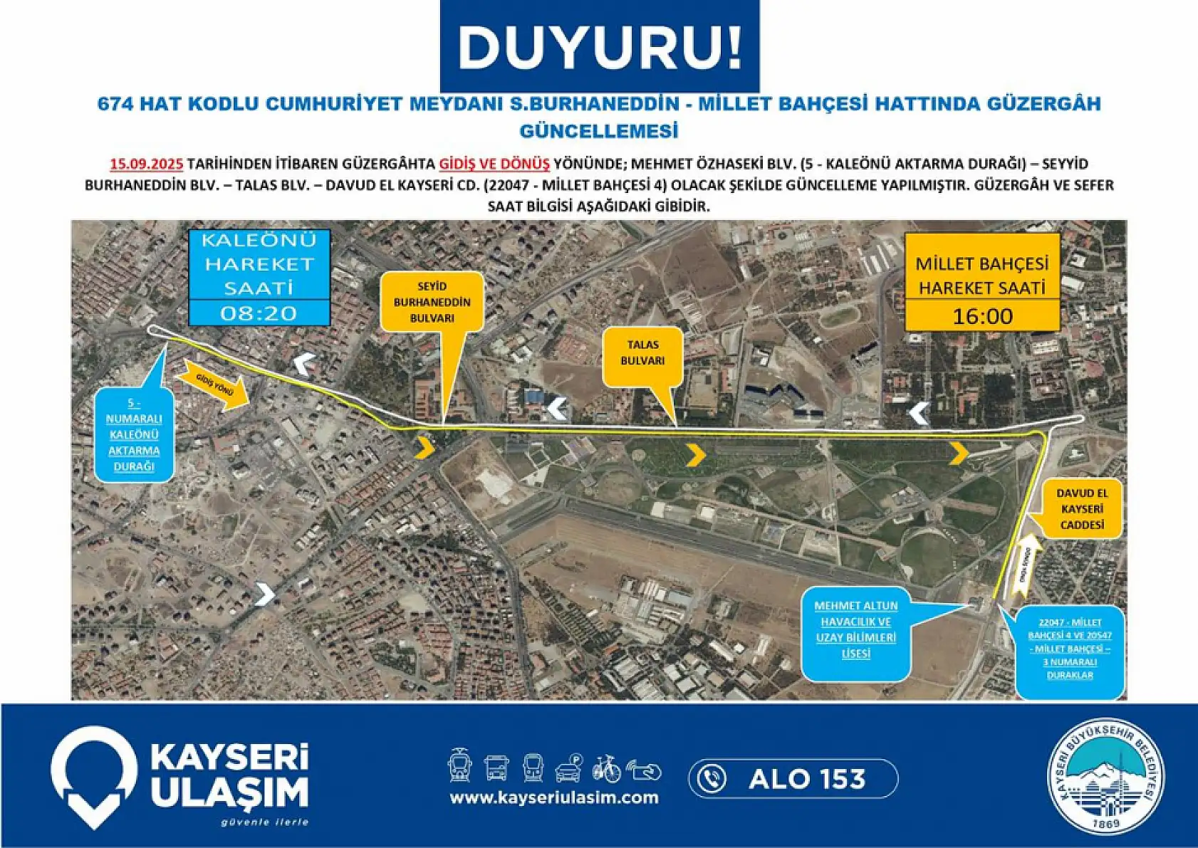 Kayseri'de toplu ulaşım düzenlemesi: Fakülte, Talas, Anayurt, İncesu, Kuruköprü, TOKİ, İbrahim Tennuri....