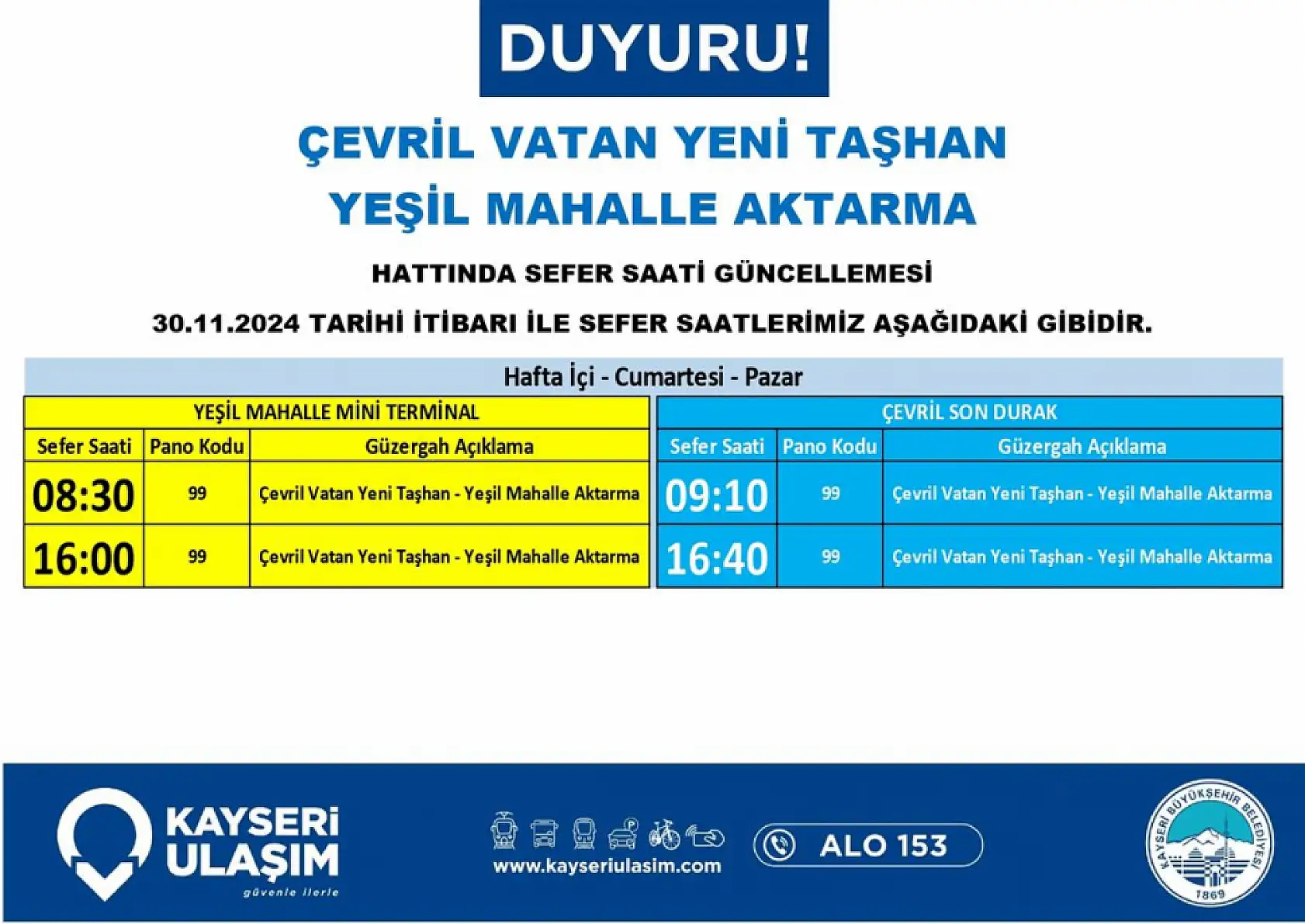 Kayseri'de halk otobüsü hatlarında değişiklik yapıldı