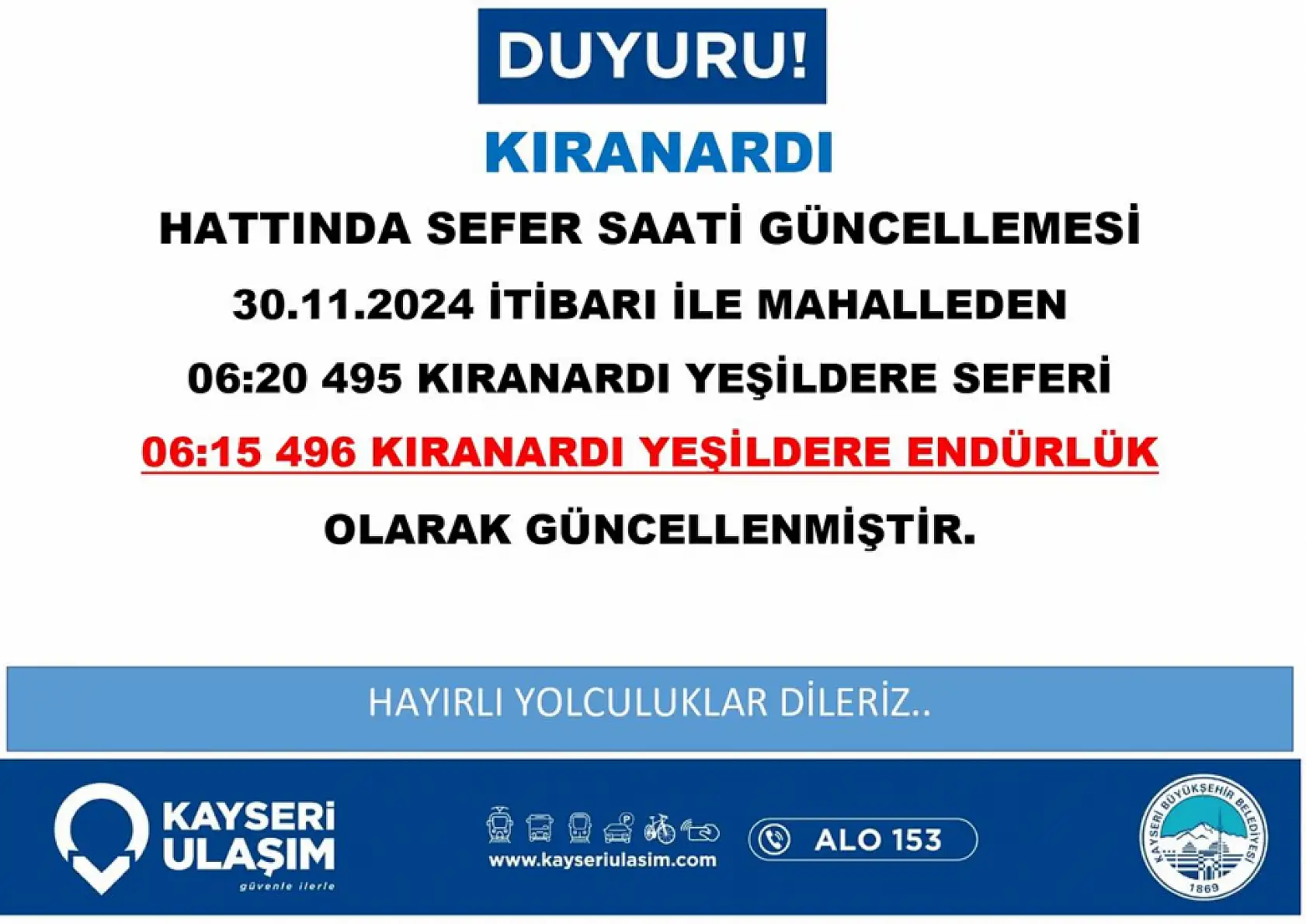 Kayseri'de halk otobüsü hatlarında değişiklik yapıldı