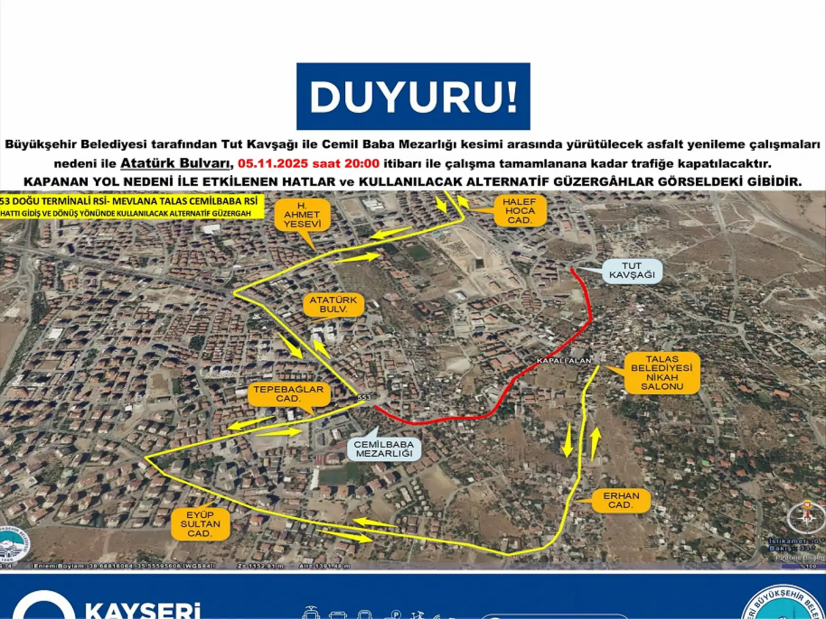 Yol çalışması nedeniyle Talas'ta otobüslerin güzergahları değişiyor!