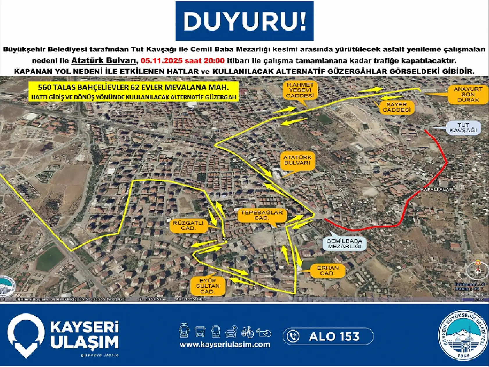 Yol çalışması nedeniyle Talas'ta otobüslerin güzergahları değişiyor!