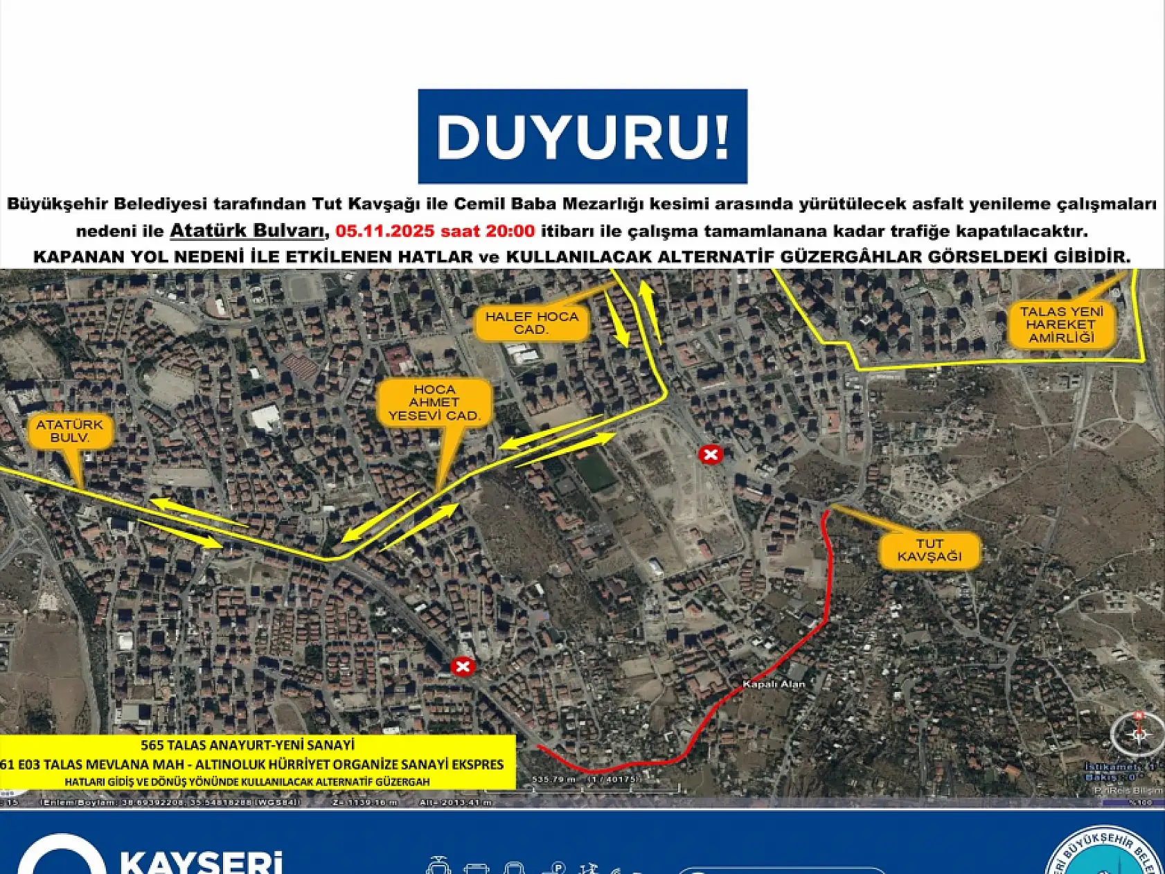 Yol çalışması nedeniyle Talas'ta otobüslerin güzergahları değişiyor!