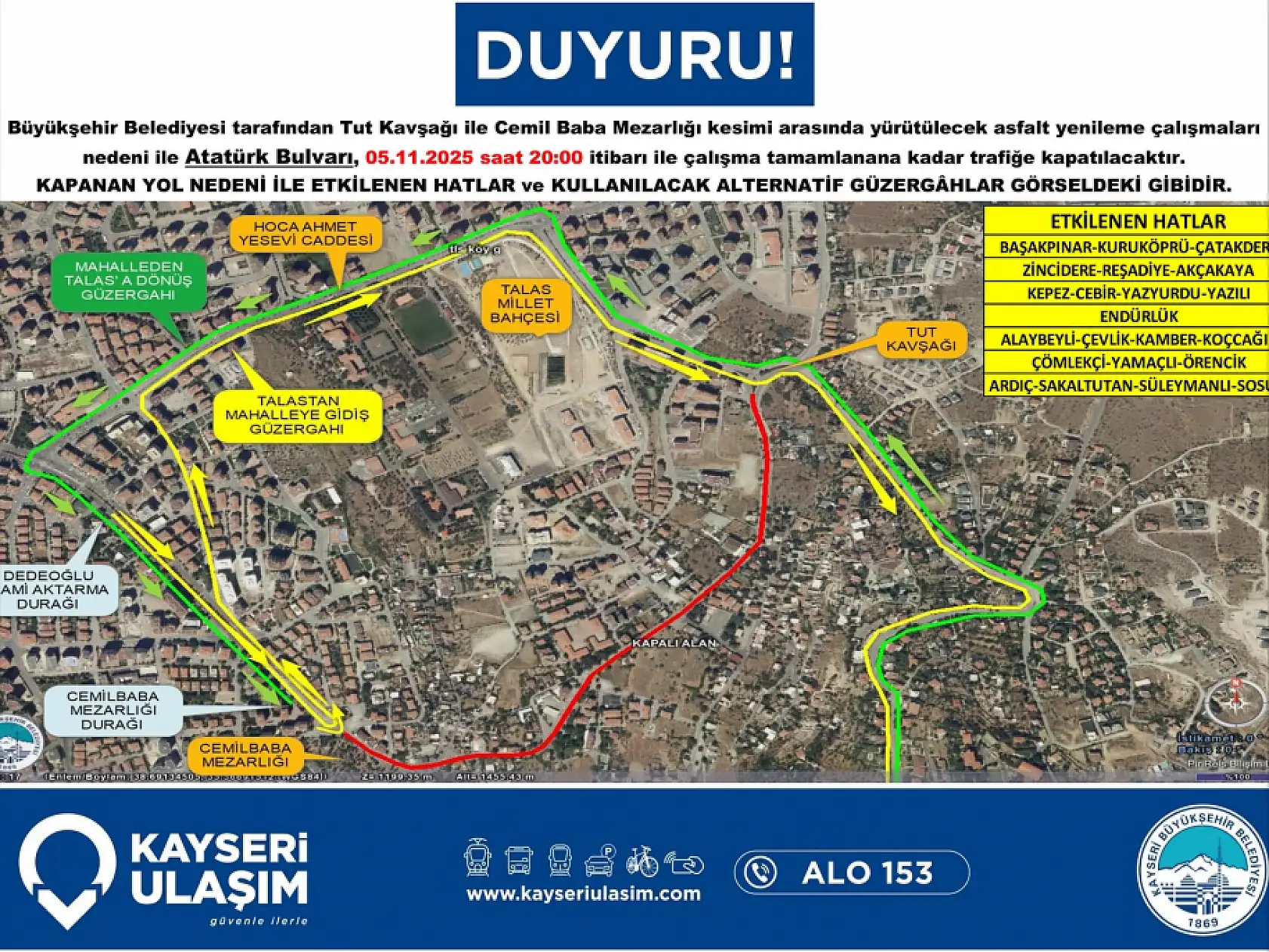 Yol çalışması nedeniyle Talas'ta otobüslerin güzergahları değişiyor!