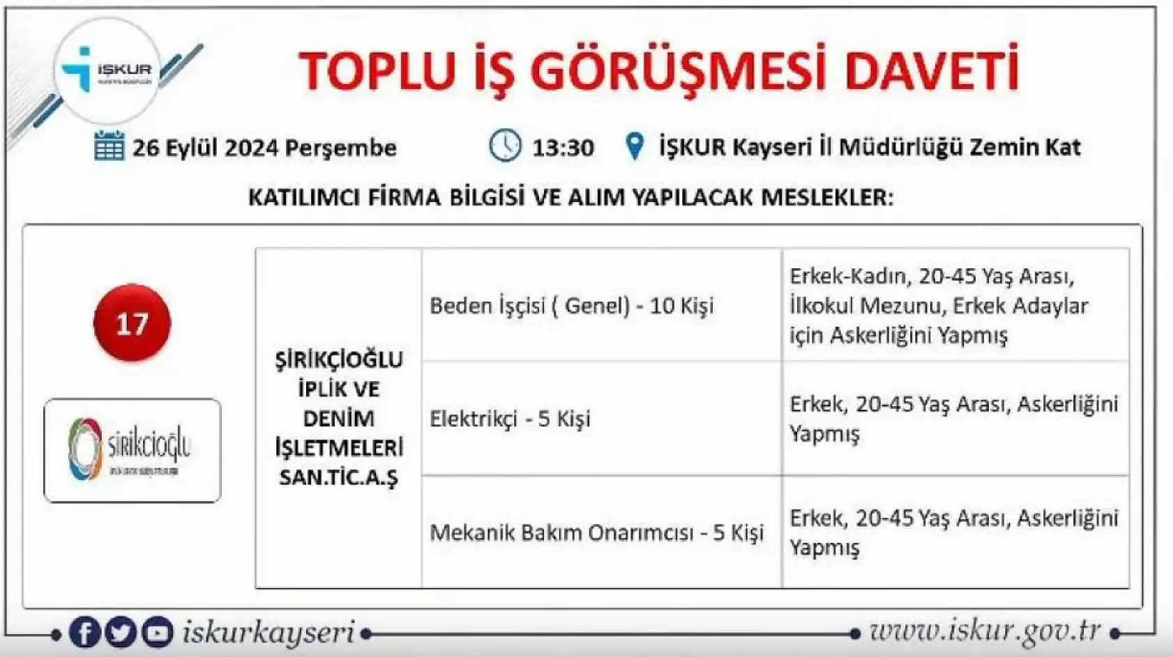 Kayseri'de büyük görüşme yarın - 710 kişi işe alınacak!