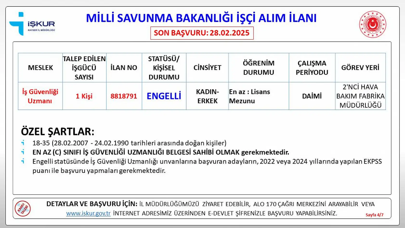 Kayseri'de Milli Savunma Bakanlığı daimi işçi alımı yapacak: İşte şartlar ve detayları...