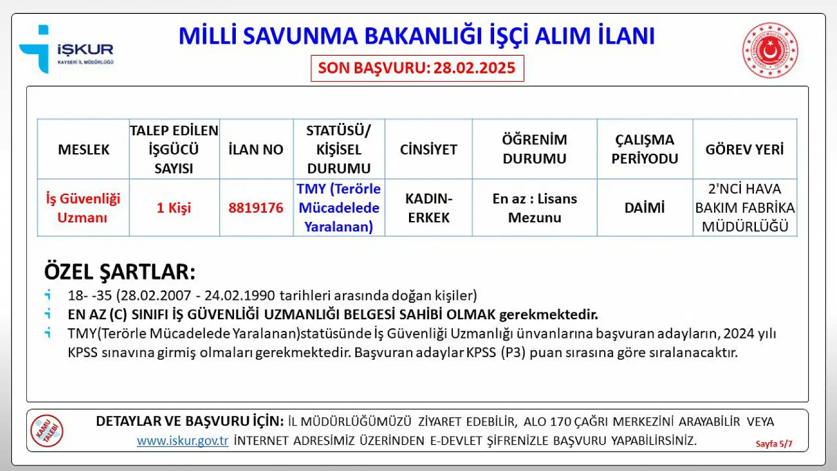 Kayseri'de Milli Savunma Bakanlığı daimi işçi alımı yapacak: İşte şartlar ve detayları...