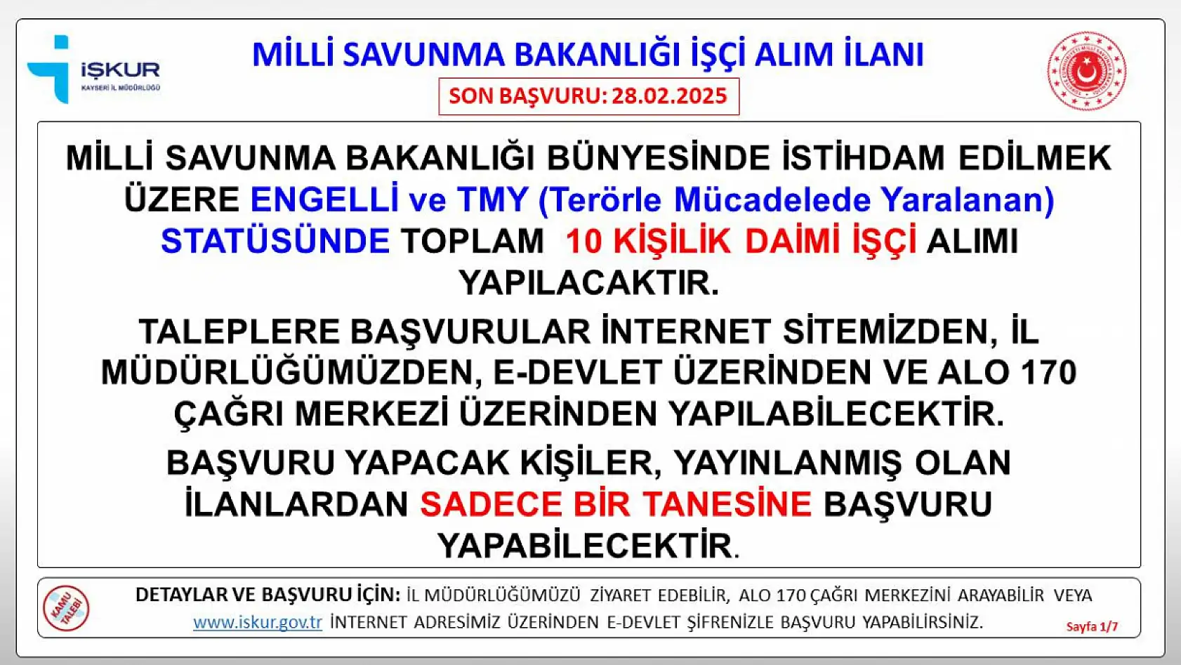 Kayseri'de Milli Savunma Bakanlığı daimi işçi alımı yapacak: İşte şartlar ve detayları...