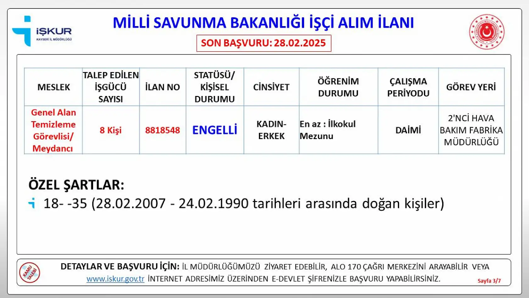 Kayseri'de Milli Savunma Bakanlığı daimi işçi alımı yapacak: İşte şartlar ve detayları...