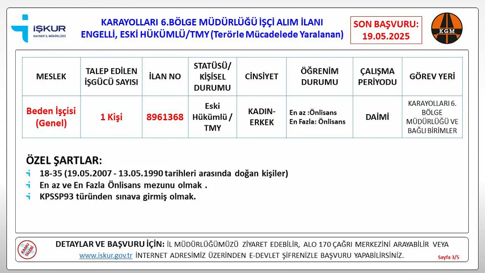 Kayseri'de KGM işçi alımı yapacak: İşte detaylar...
