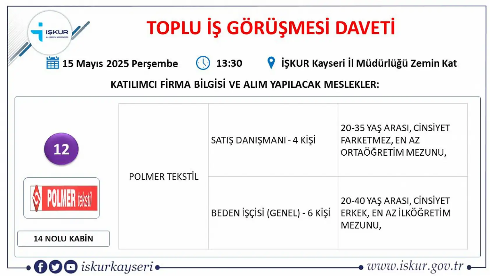 Kayseri'de İŞKUR büyük buluşmayı duyurdu: 18 Firma 350 personel alımı gerçekleştirecek! İşte tüm detaylar