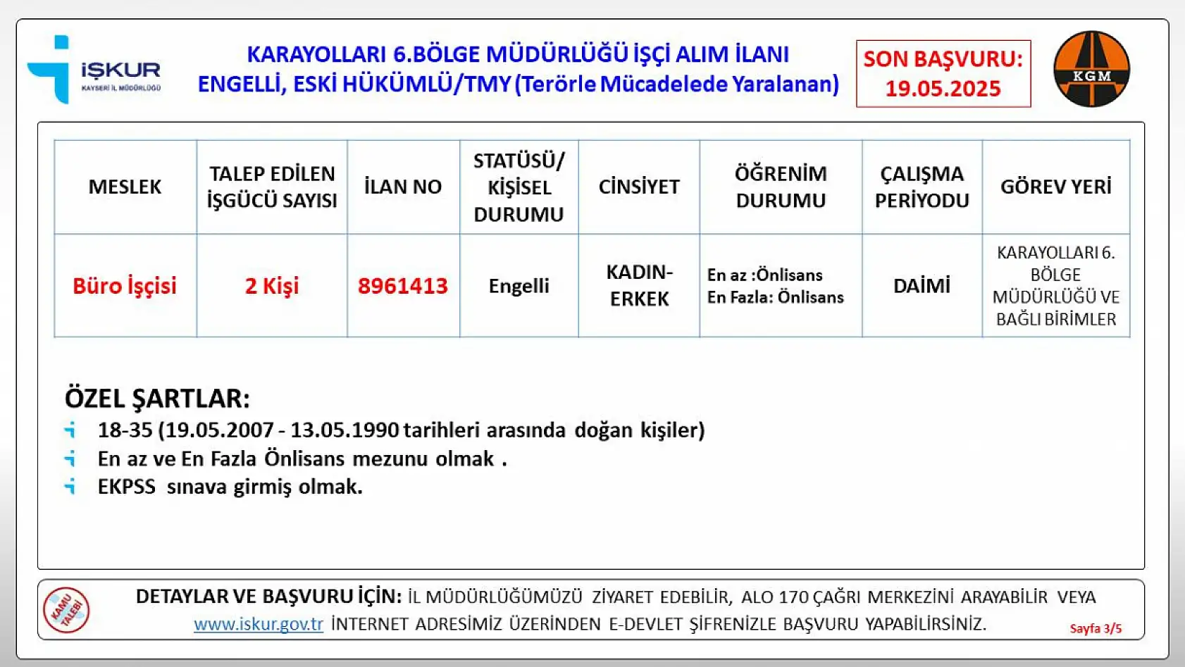 Kayseri'de KGM işçi alımı yapacak: İşte detaylar...