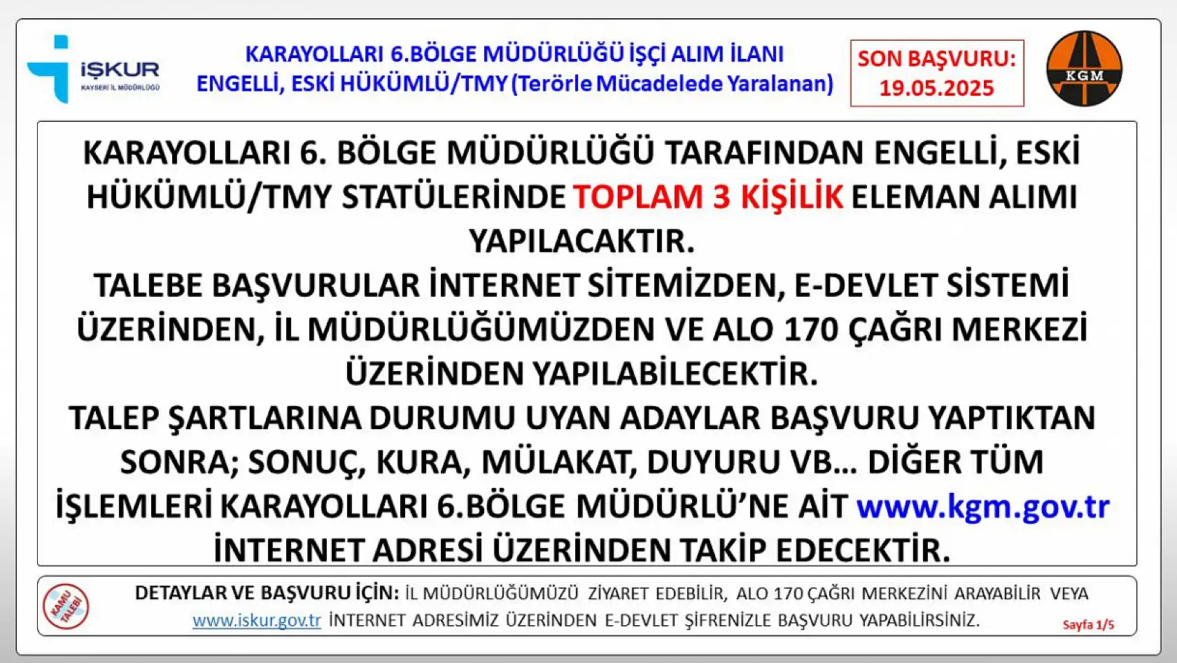 Kayseri'de KGM işçi alımı yapacak: İşte detaylar...