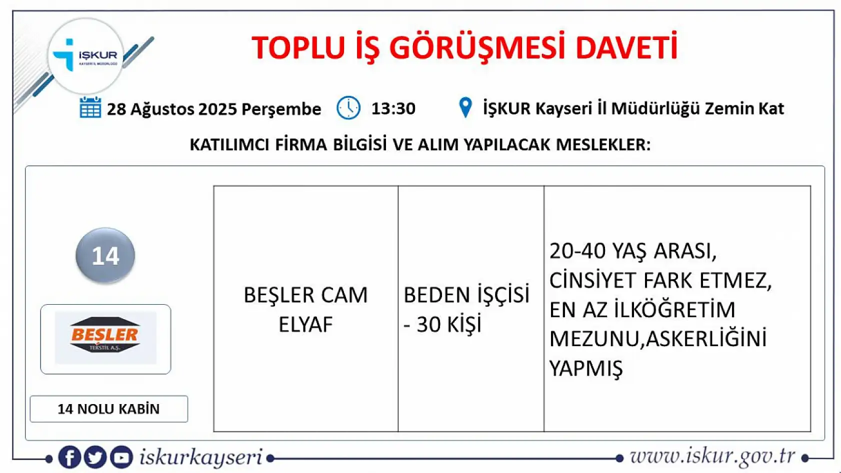 Kayseri'de iş arayanlara önemli fırsat! İŞKUR duyurdu 25 dev firma 540 personel alımı gerçekleştirecek...