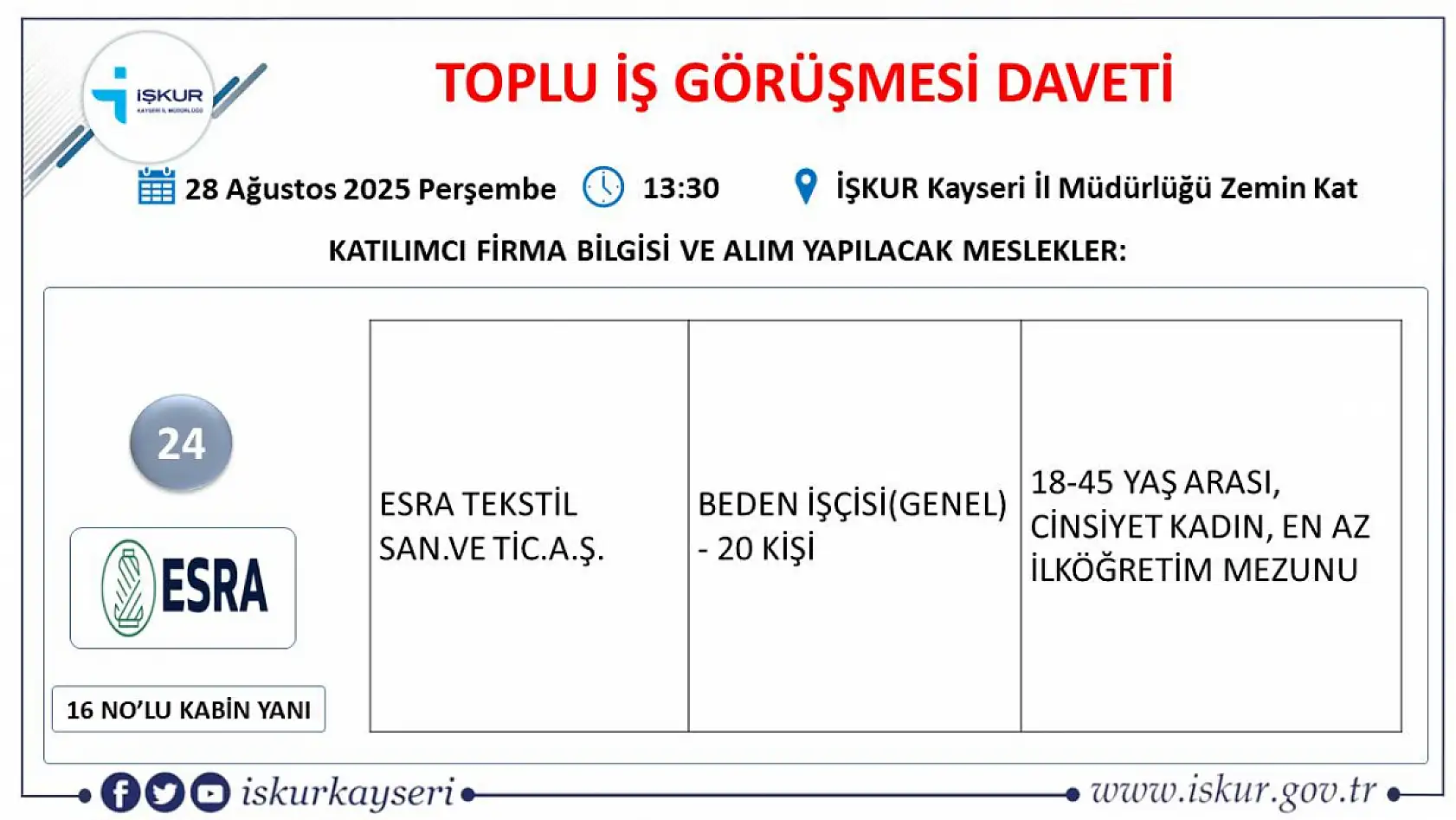Kayseri'de iş arayanlara önemli fırsat! İŞKUR duyurdu 25 dev firma 540 personel alımı gerçekleştirecek...