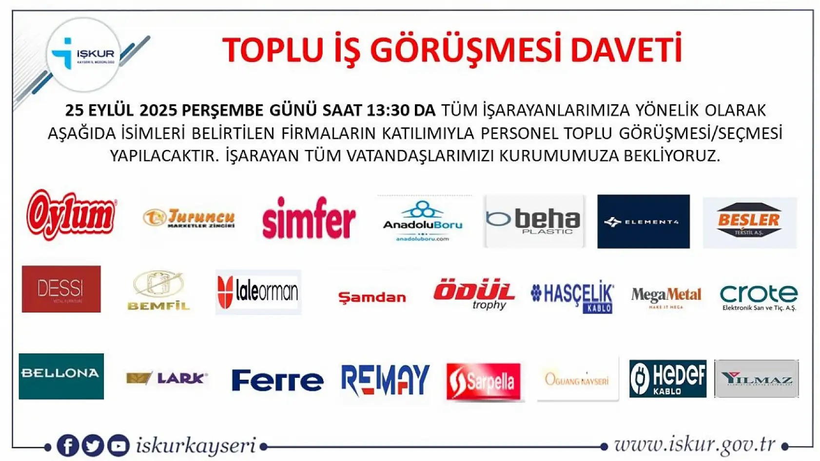 Kayseri'de Eylül ayı İŞKUR toplu iş görüşmesi tarihi belli oldu – 561 kişi alınacak!