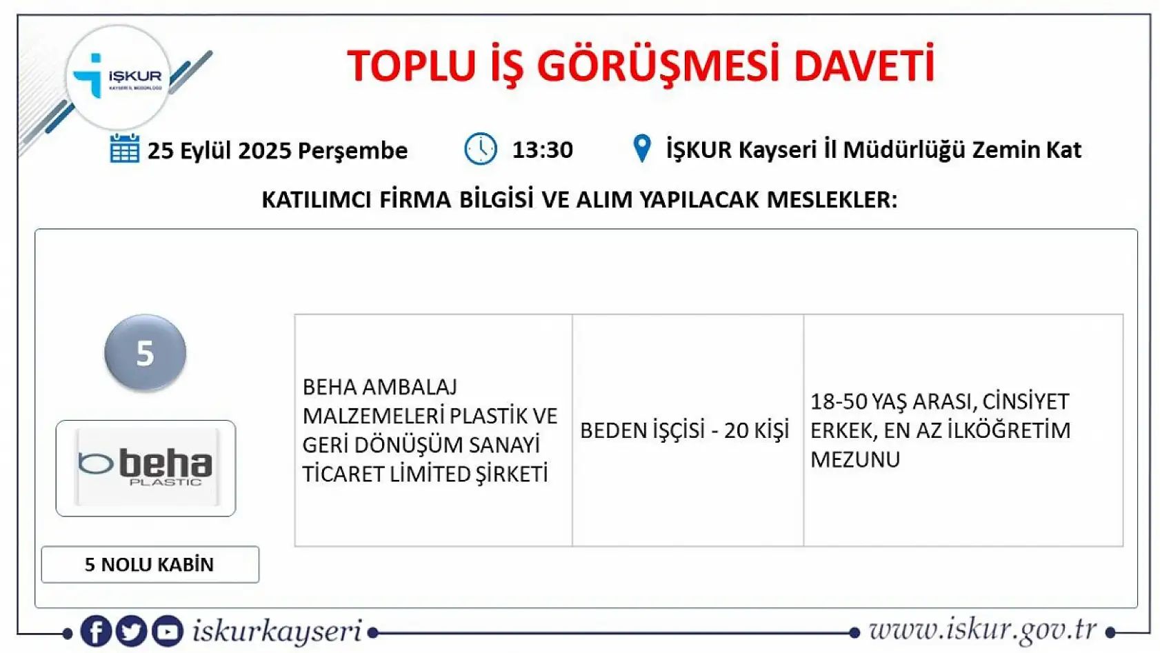 Kayseri'de Eylül ayı İŞKUR toplu iş görüşmesi tarihi belli oldu – 561 kişi alınacak!