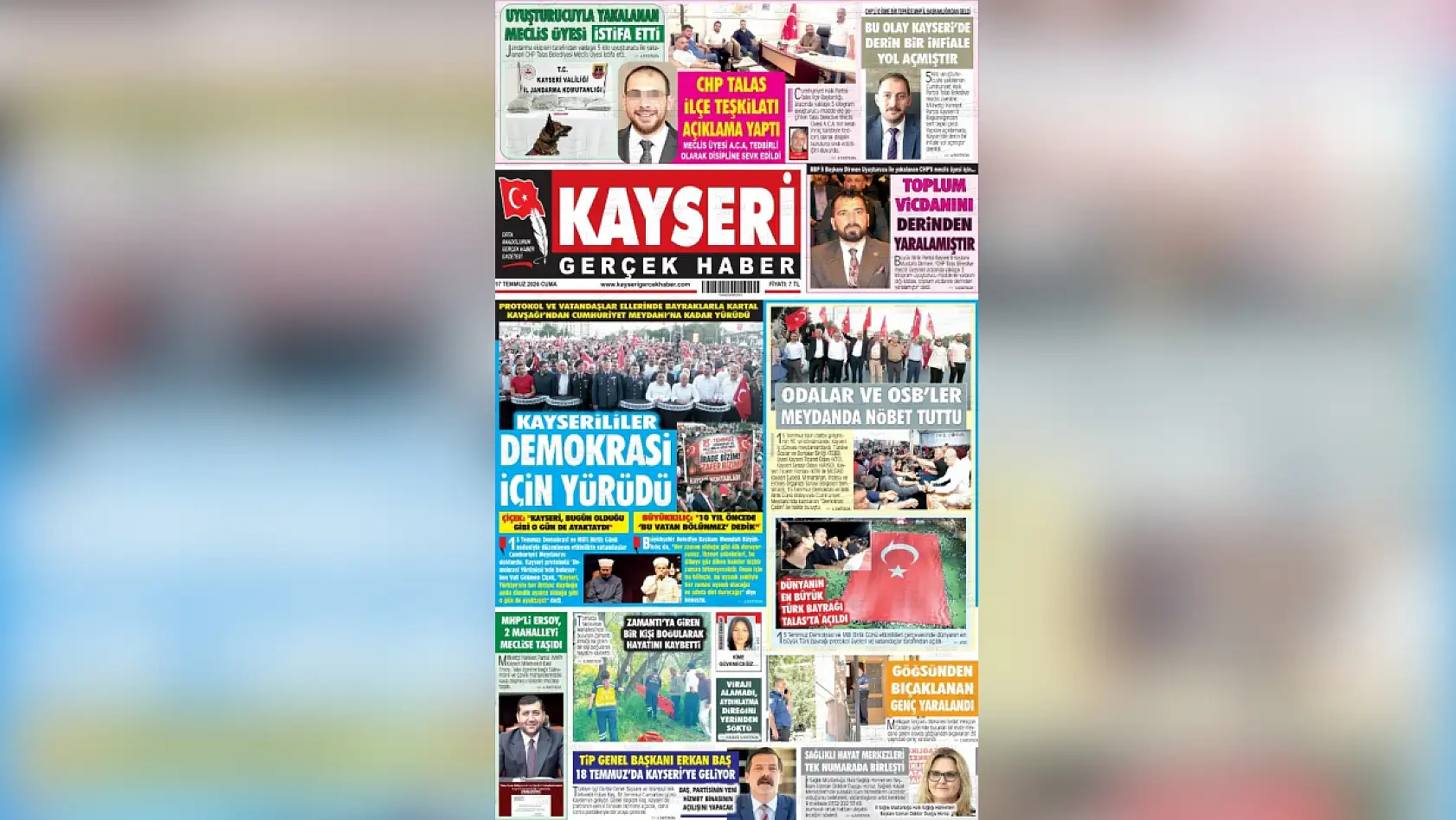 Kayseri yerel gazeteleri 17 Temmuz sabahına hangi manşetlerle çıktı?