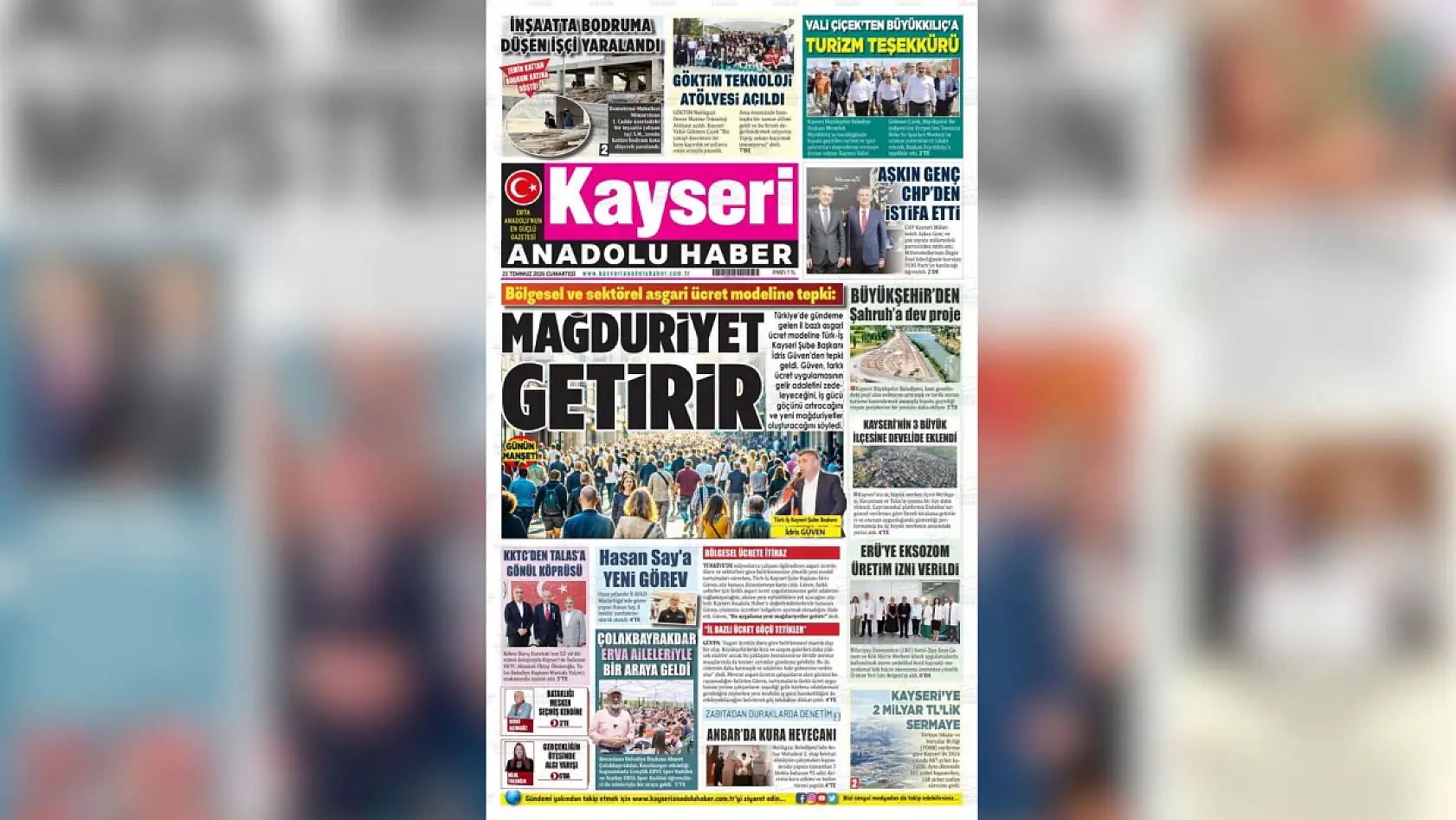 Kayseri yerel gazeteleri 25 Temmuz sabahına hangi manşetlerle çıktı?