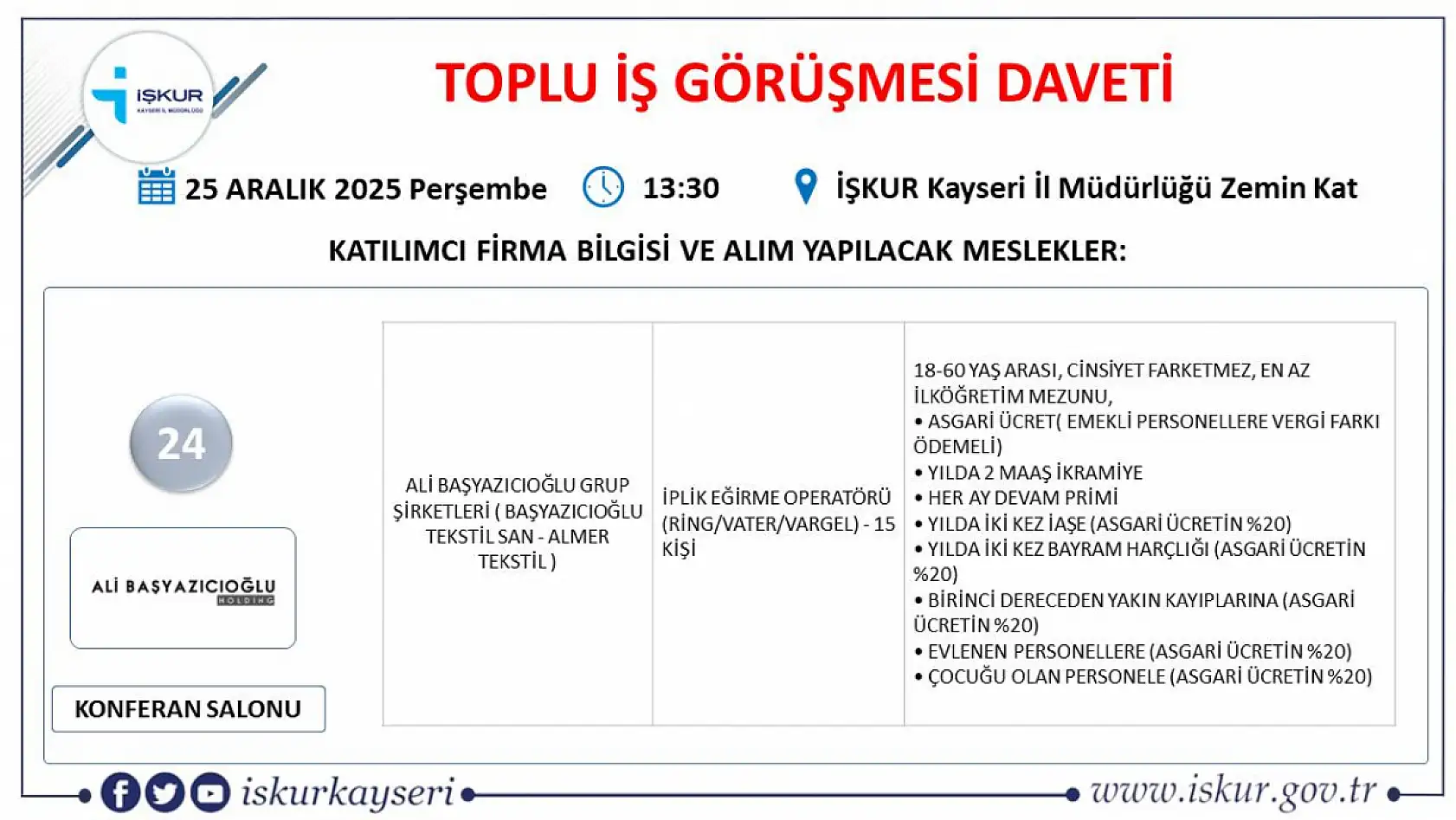 Kayseri'de 2025'in son fırsatı: Toplu iş görüşmesi ile 24 firma 598 yeni personel alacak!