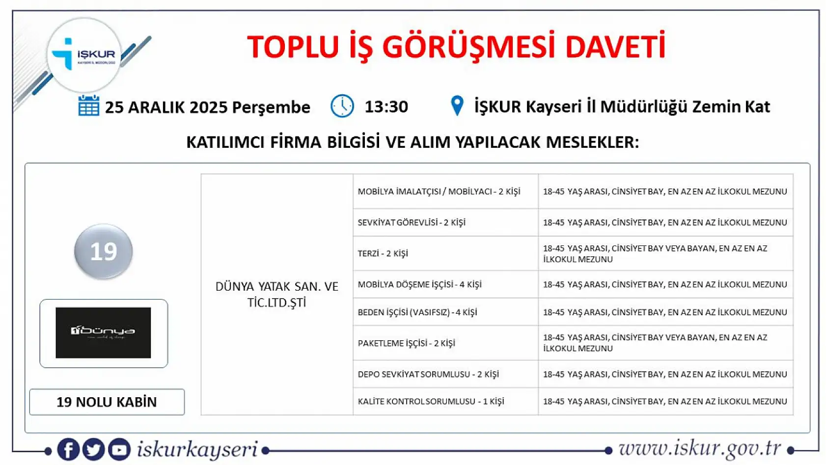 Kayseri'de 2025'in son fırsatı: Toplu iş görüşmesi ile 24 firma 598 yeni personel alacak!