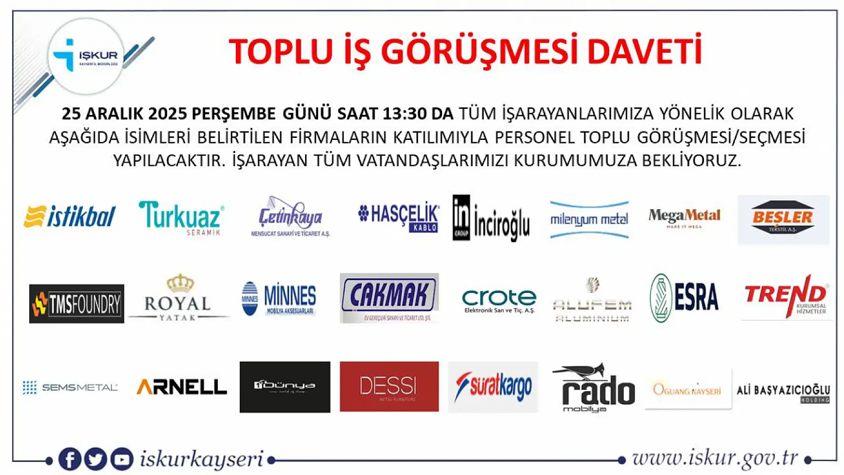 Kayseri'de 2025'in son fırsatı: Toplu iş görüşmesi ile 24 firma 598 yeni personel alacak!