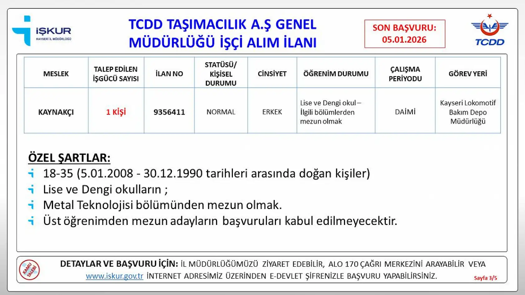 TCDD Kayseri'de işçi alımı gerçekleştirecek: İşte Ünvan ve şartları...