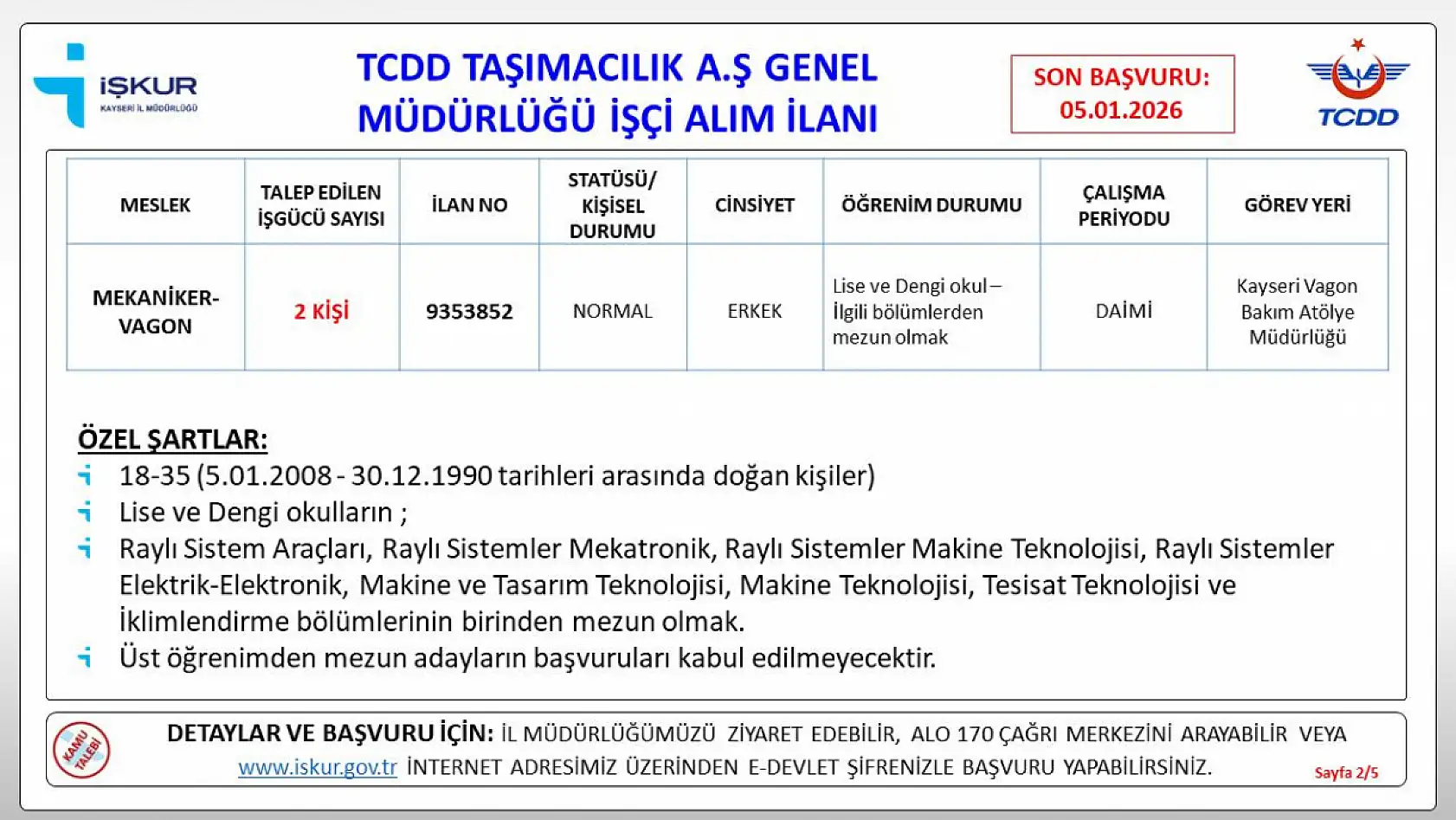 TCDD Kayseri'de işçi alımı gerçekleştirecek: İşte Ünvan ve şartları...