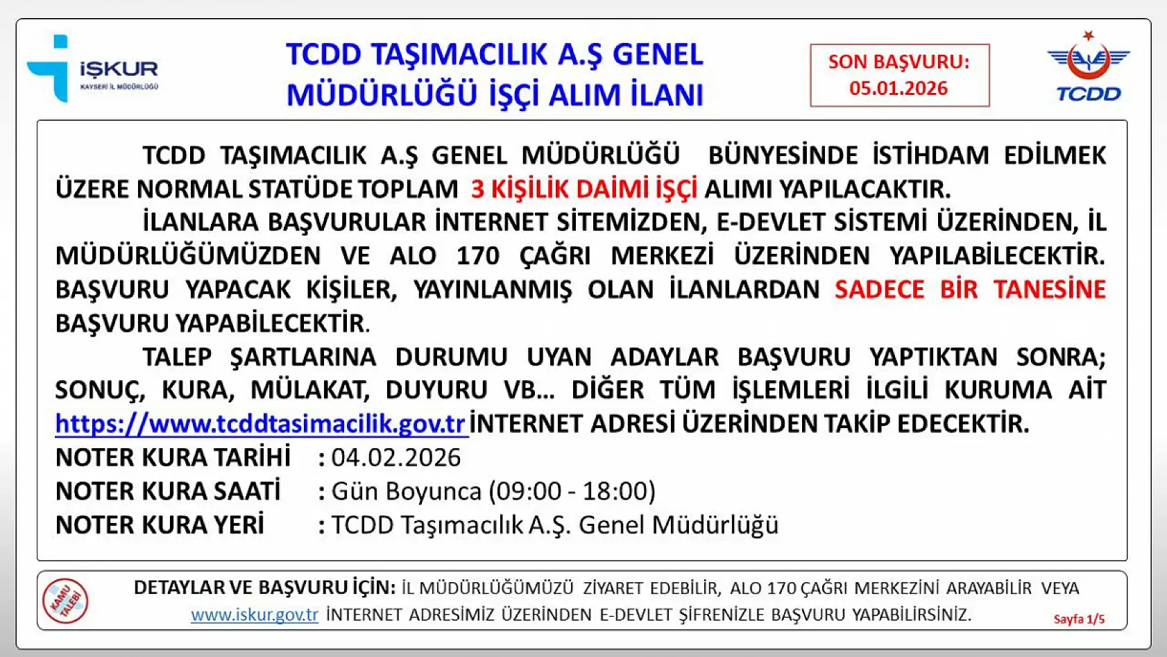 TCDD Kayseri'de işçi alımı gerçekleştirecek: İşte Ünvan ve şartları...