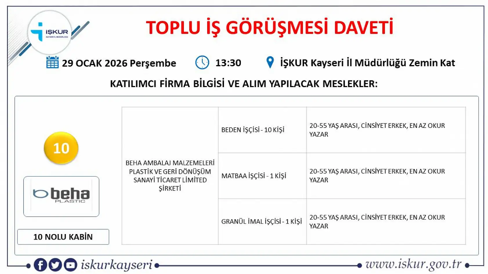 Kayseri'de toplu iş görüşmesi gerçekleştirilecek: 24 firma 492 personel alacak!