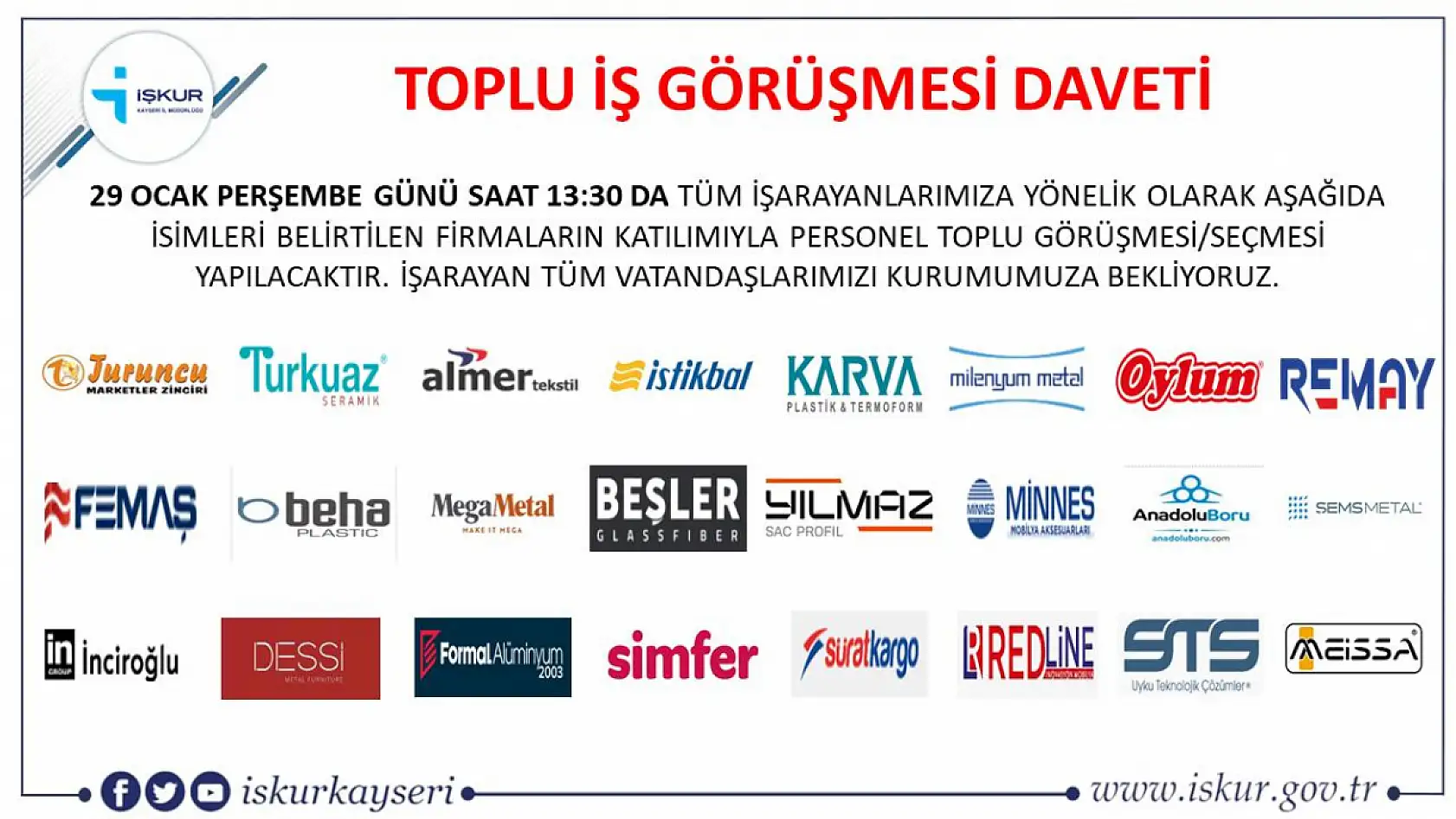 Kayseri'de toplu iş görüşmesi gerçekleştirilecek: 24 firma 492 personel alacak!