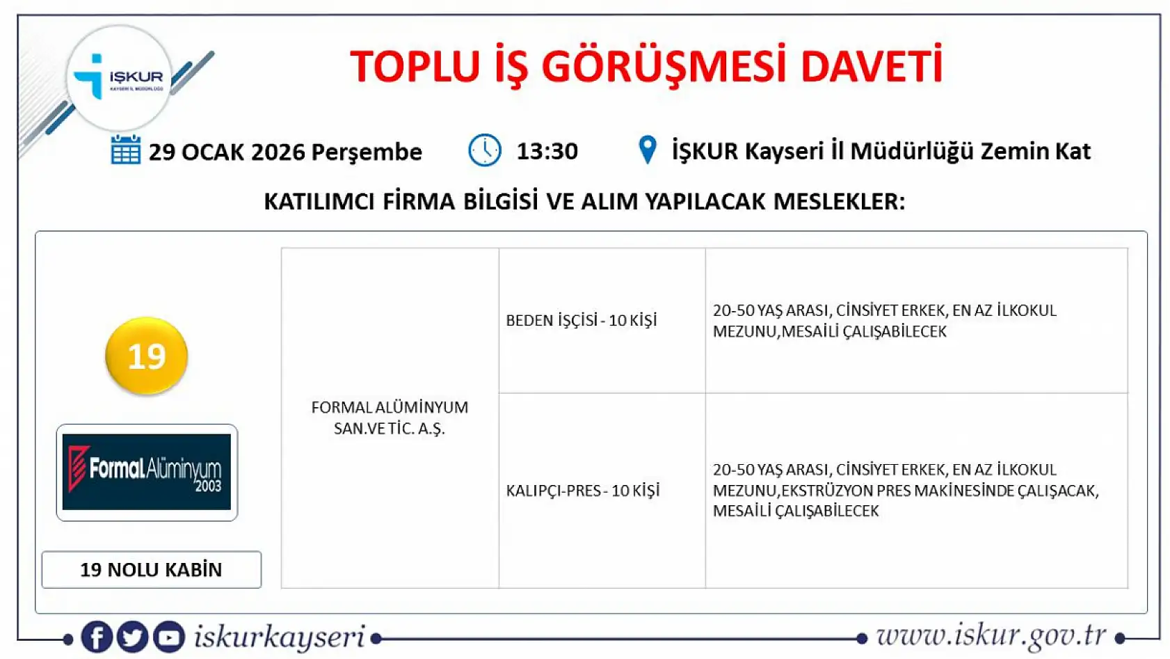 Kayseri'de toplu iş görüşmesi gerçekleştirilecek: 24 firma 492 personel alacak!