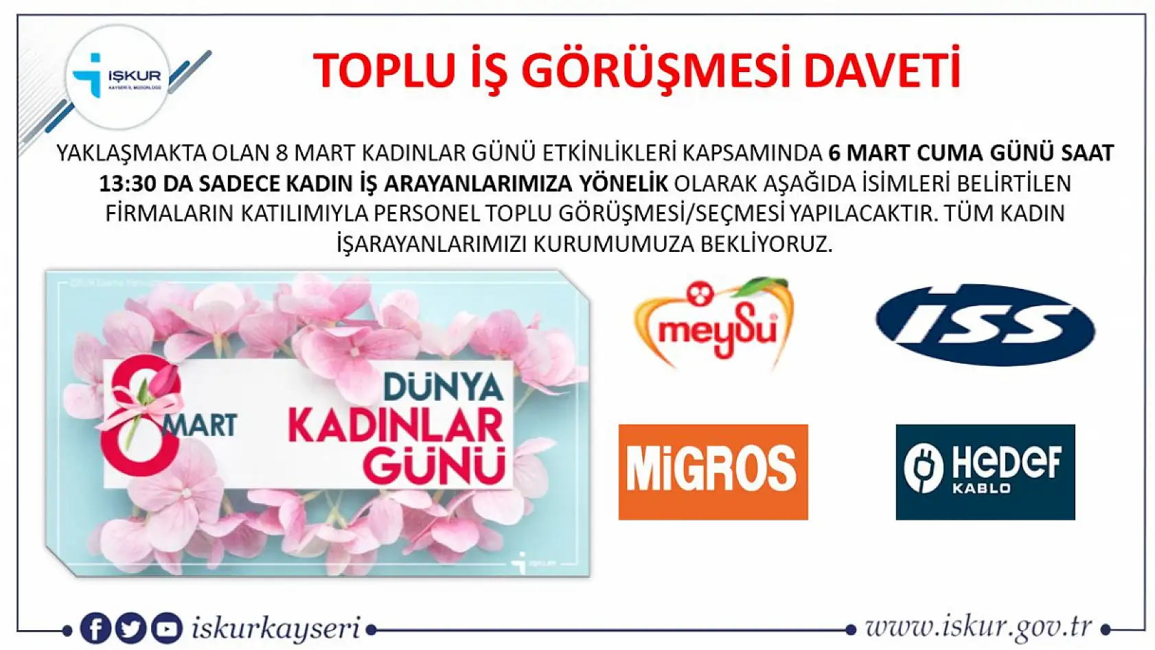İŞKUR duyurdu: 8 Mart'a özel Kayseri'de iş fırsatı: Migros, Meysu, İSS ve Hedef Kablo...
