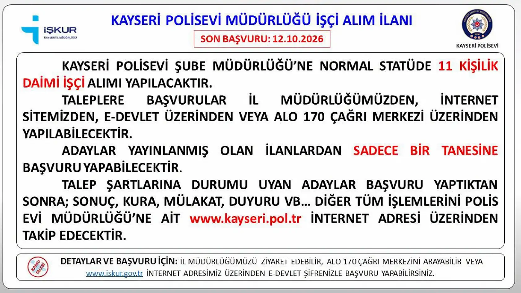 Kayseri Polisevi işçi alımı gerçekleştirecek: 11 kişilik kadronun detayları belli oldu!
