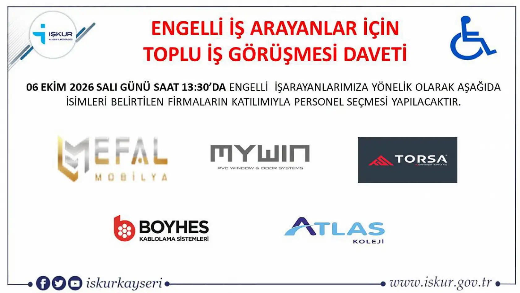 Kayseri'de engelli bireylere yönelik toplu iş görüşmesi fırsatı!