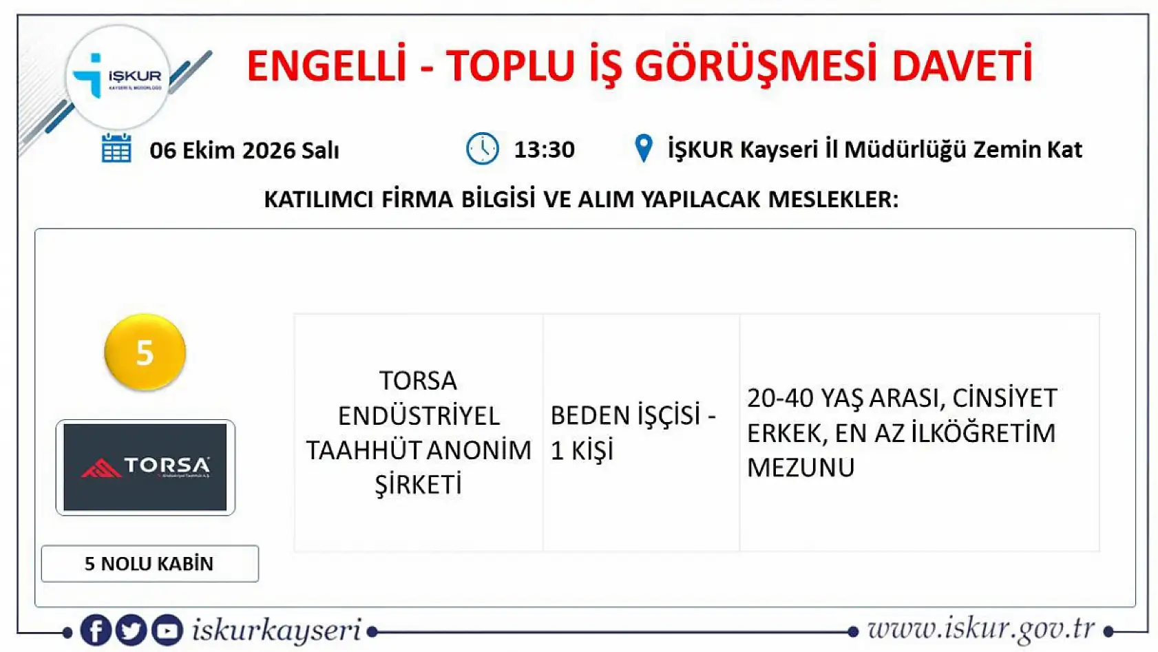 Kayseri'de engelli bireylere yönelik toplu iş görüşmesi fırsatı!