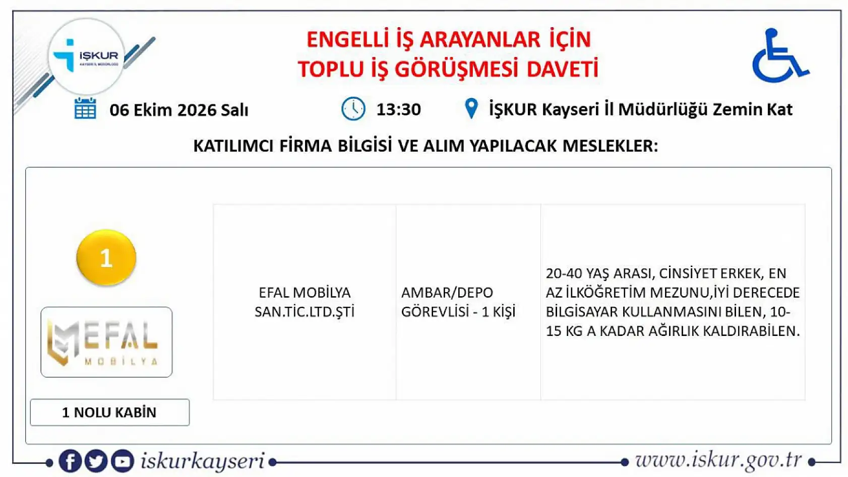 Kayseri'de engelli bireylere yönelik toplu iş görüşmesi fırsatı!