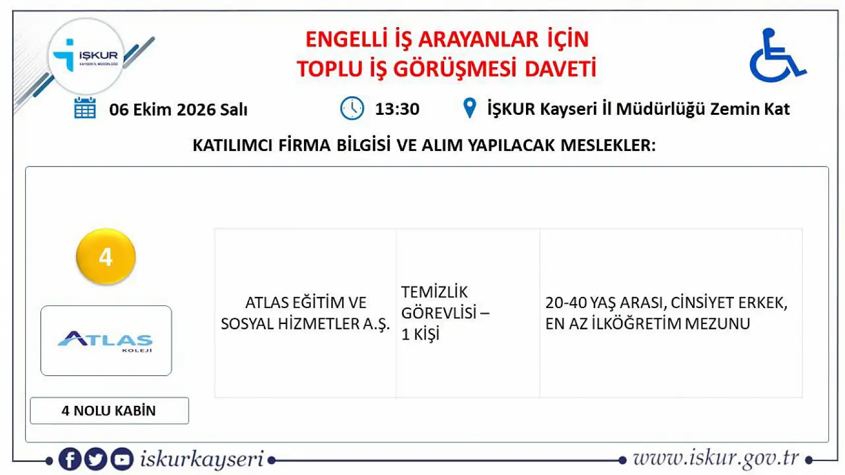 Kayseri'de engelli bireylere yönelik toplu iş görüşmesi fırsatı!