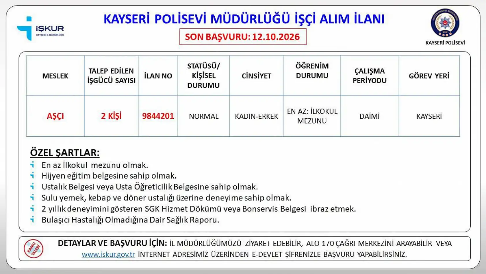 Kayseri Polisevi işçi alımı gerçekleştirecek: 11 kişilik kadronun detayları belli oldu!