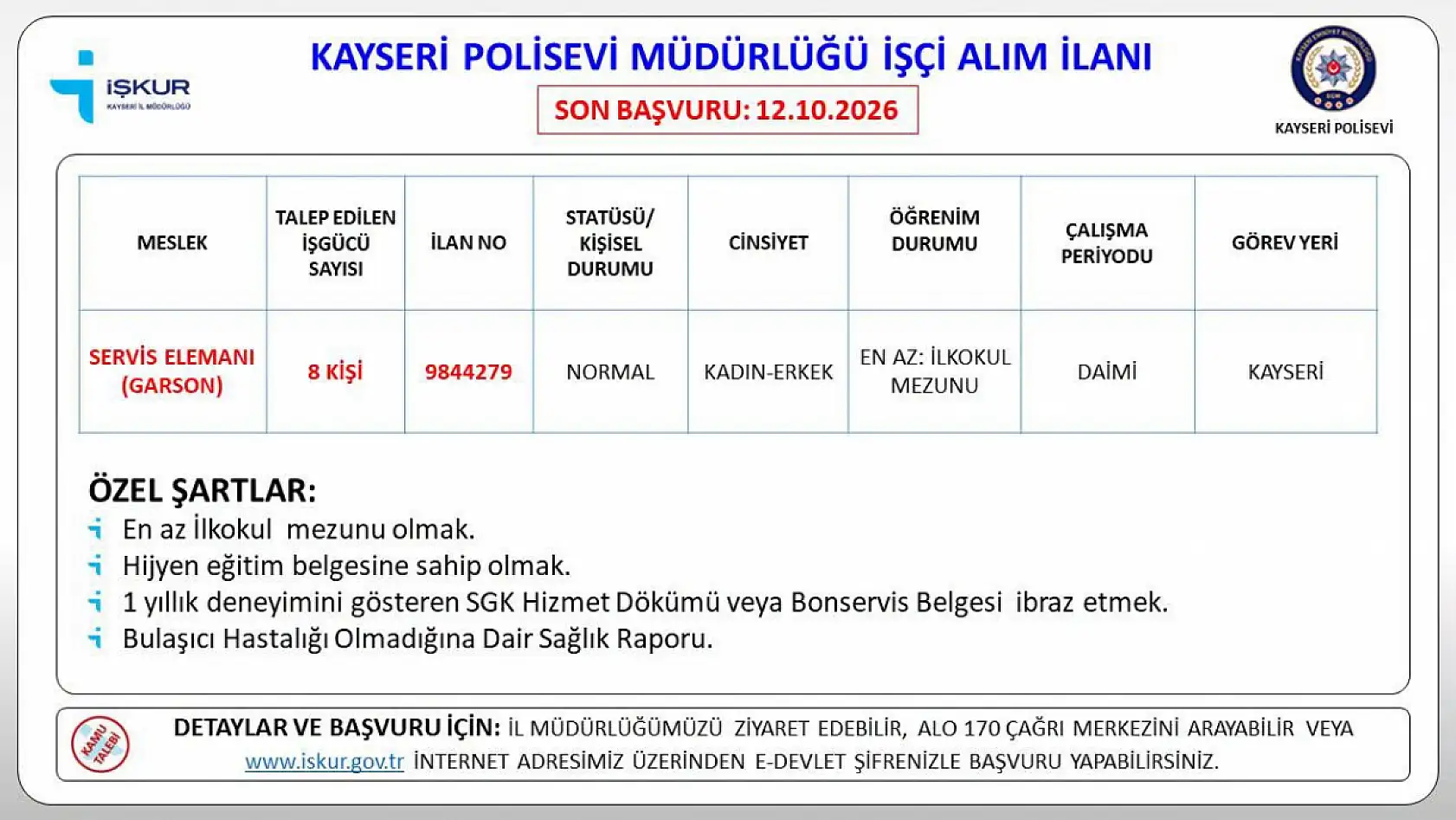 Kayseri Polisevi işçi alımı gerçekleştirecek: 11 kişilik kadronun detayları belli oldu!