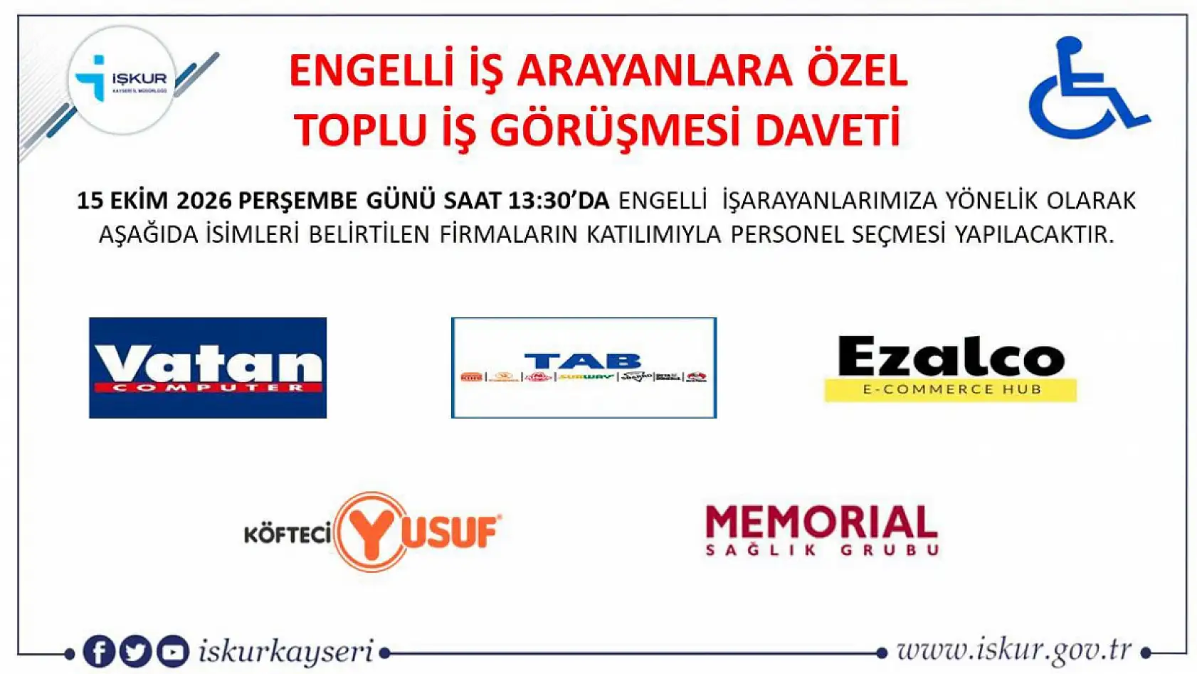 Kayseri'de engelli bireylere yönelik iş fırsatı: Toplu görüşmesi  için tarih belli oldu!