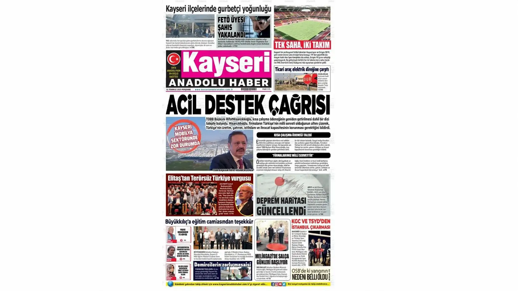 Kayseri gazeteleri 31 Temmuz Perşembe gündemi – İşte öne çıkan manşetler!