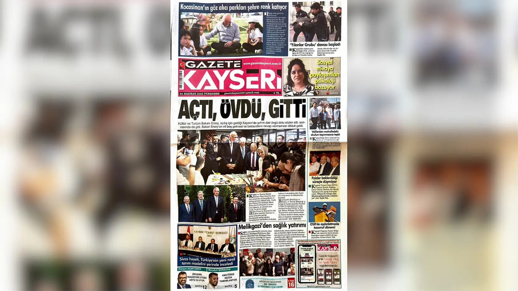 Kayseri basını 26 Haziran Perşembe gününe hangi manşetlerle çıktı?