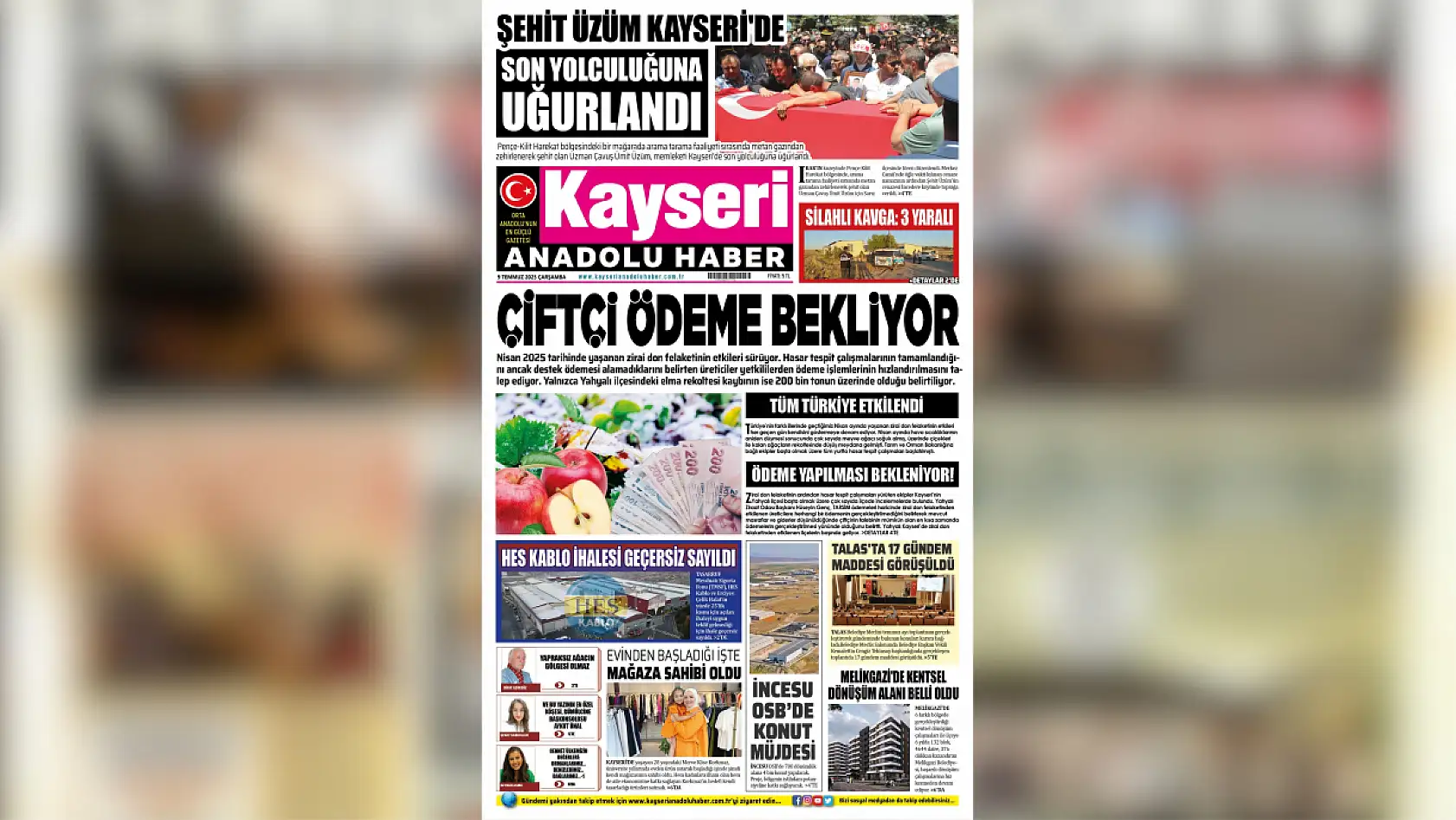 Kayseri yerel basını 9 Temmuz sabahına hangi manşetlerle çıktı?