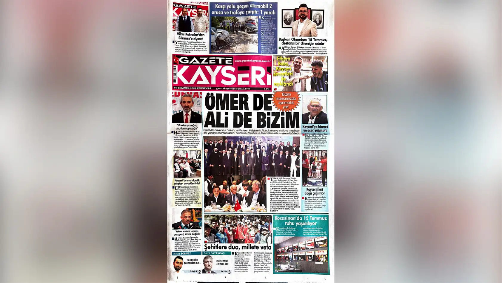 Kayseri yerel basını 16 Temmuz sabahına hangi manşetlerle çıktı?