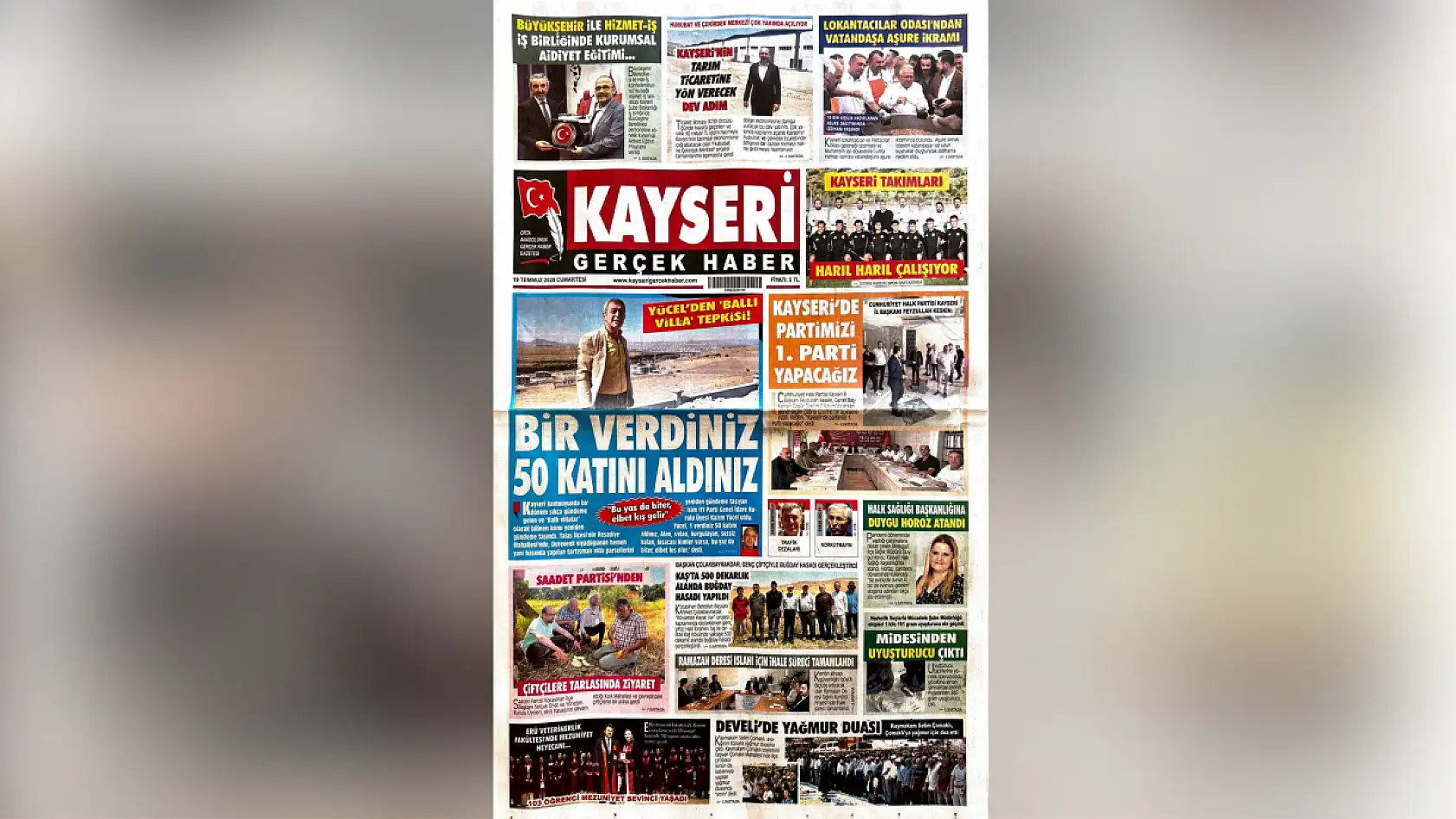Kayseri yerel gazeteleri 19 Temmuz Cumartesi sabahına hangi manşetlerle çıktı?