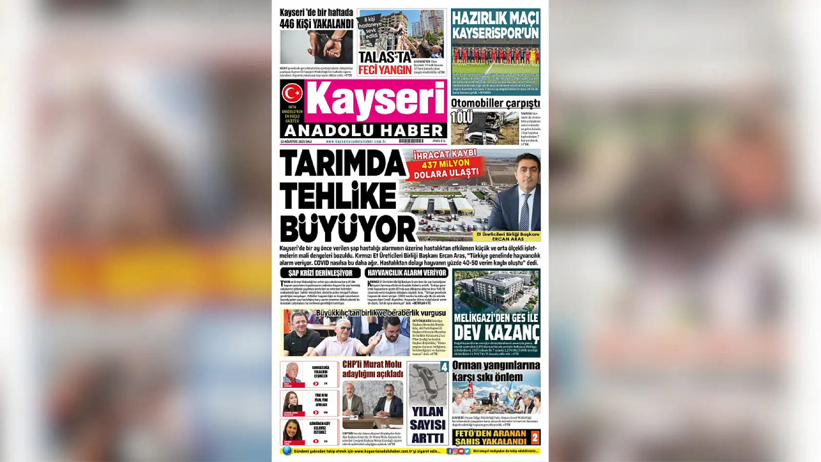 Kayseri yerel gazeteleri 12 Ağustos'a hangi manşetlerle çıktı?