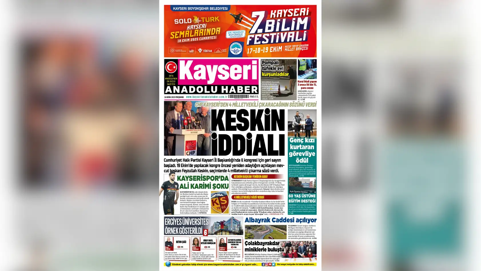 Kayseri'de gazeteler 16 Ekim'e hangi manşetlerle çıktı?