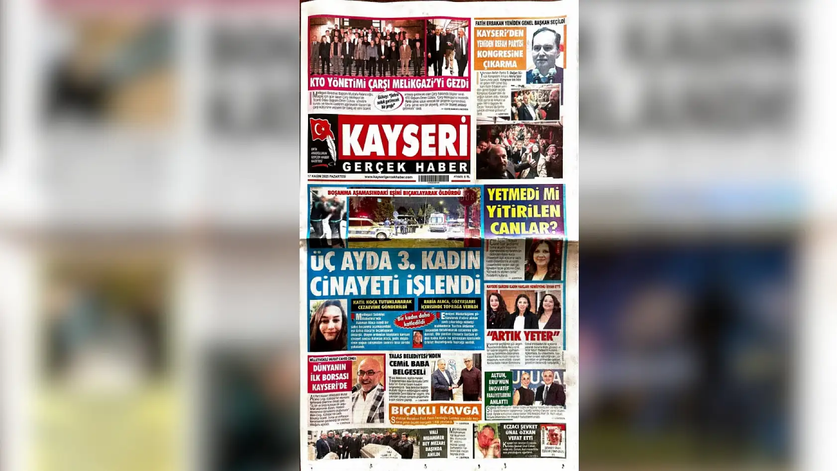 Kayseri'de yerel gazeteler 17 Kasım Pazartesi sabahına hangi manşetlerle çıktı?