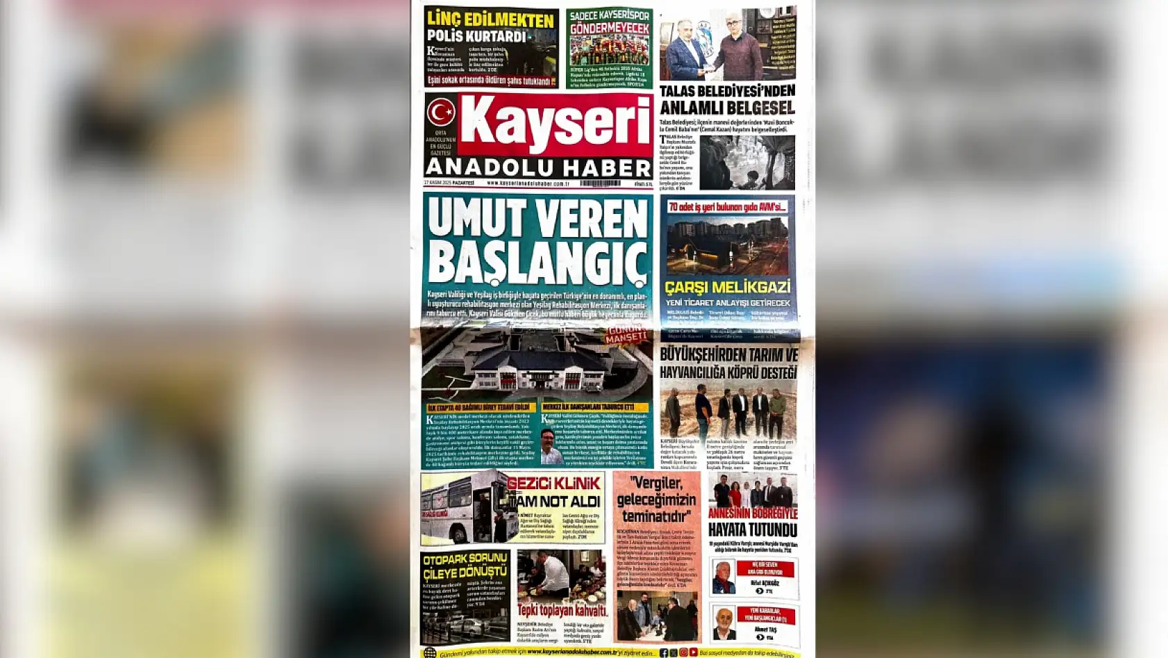 Kayseri'de yerel gazeteler 17 Kasım Pazartesi sabahına hangi manşetlerle çıktı?