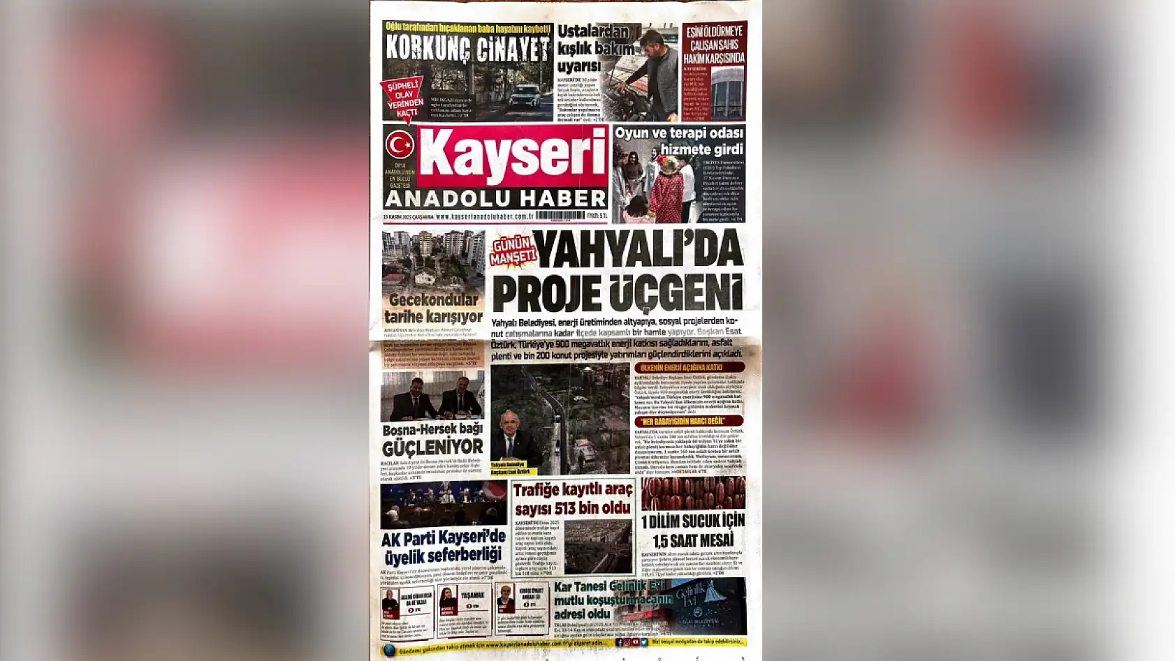 Kayseri gazeteleri 19 Kasım Çarşamba sabahına hangi manşetler çıktı?